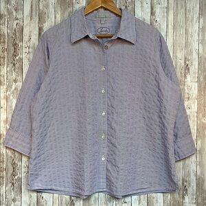 Foxcroft Shaped Fit Button-Up Shirt sz 16 Purple Pinstriped Textured 3/4 Sleeve